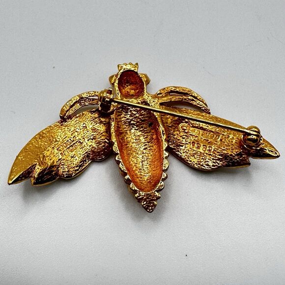 French Designer CARVEN Gold Tone Green Enamel Bee Brooch Pin Modele Depose #1282 - Picture 6 of 12